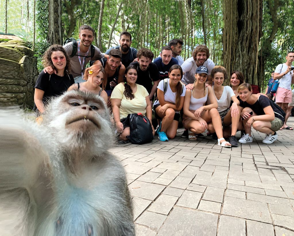 An approachable monkey takes a selfie with a group of tourist