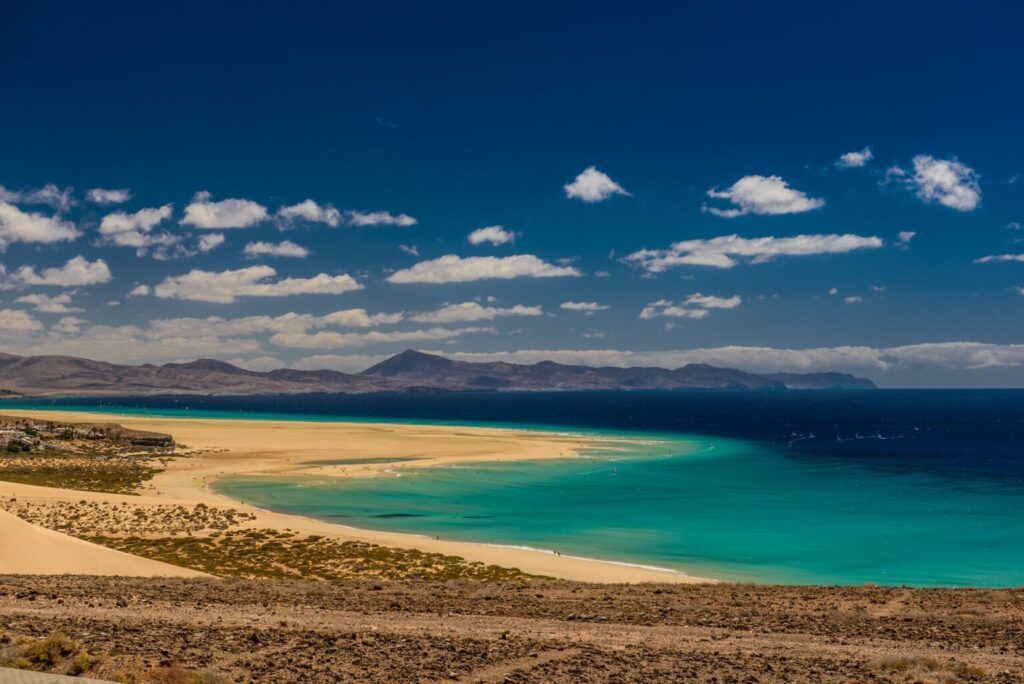 Turquoise sea and golden beach in Fuerteventura
