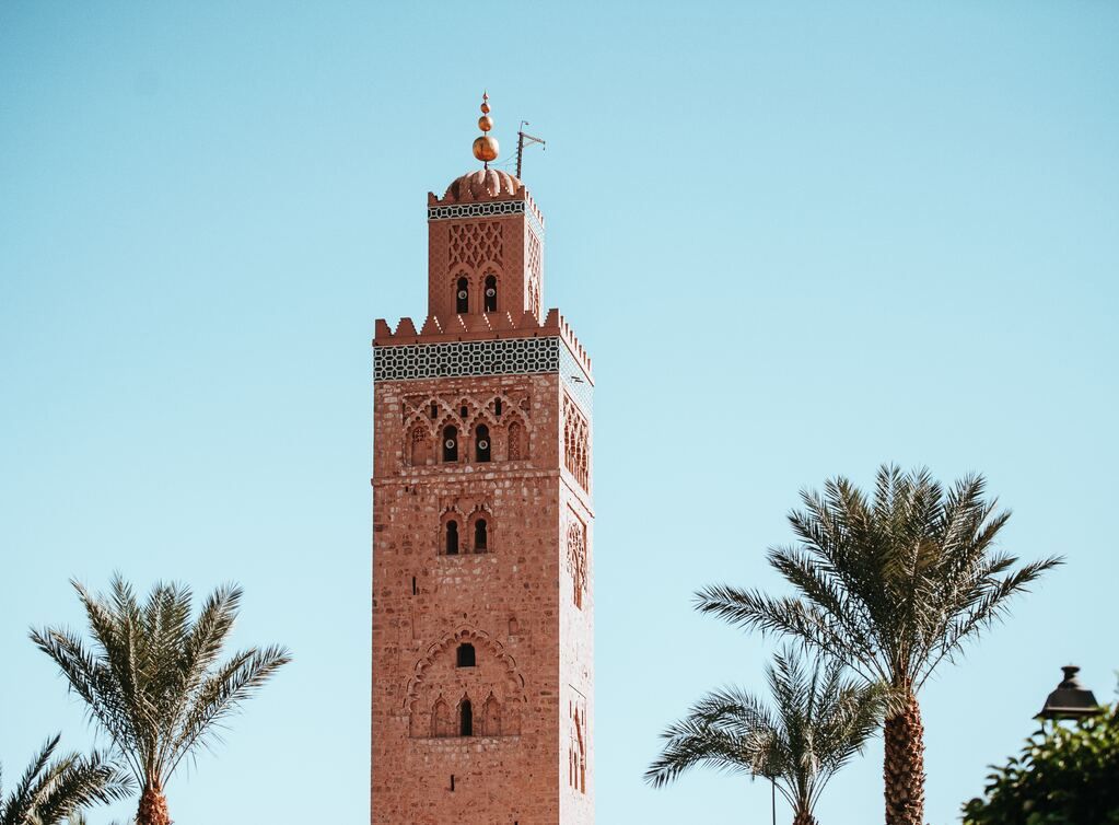 Brown and grey brickwork tower next to palm trees.