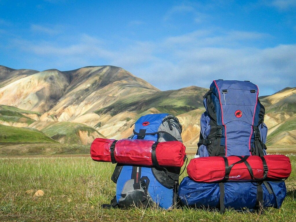 Hiking backpacks on grass with mountain backdrop.