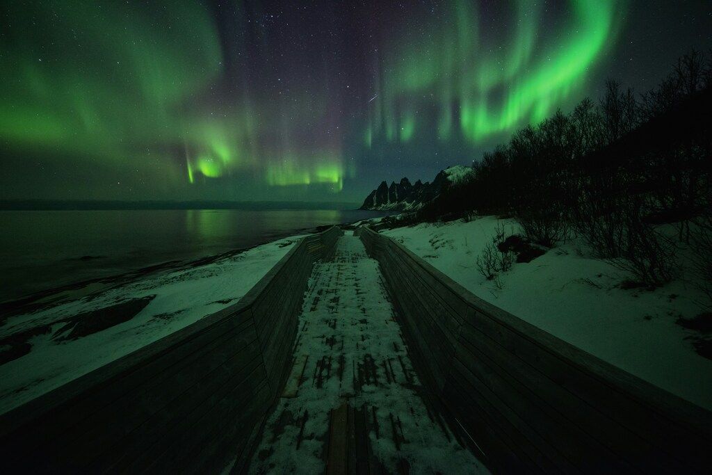 The Northern Lights illuminating the night sky over a snowy boardwalk leading to a fjord in Norway