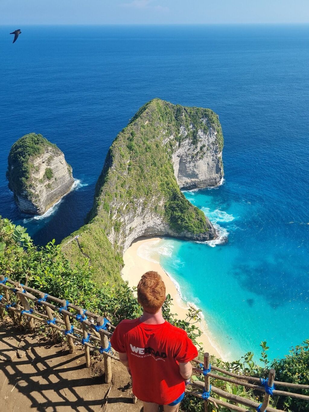 A person wearing a red WeRoad t-shirt overlooking the stunning Kelingking Beach on Nusa Penida, Bali