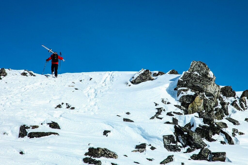 A skier ascending Blackcomb Mountain, Whistler, Canada