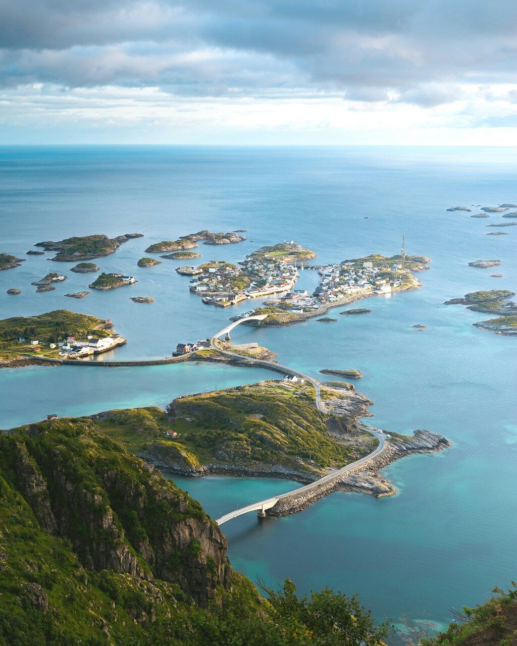 Aerial view of the picturesque fishing village of Henningsvær in the Lofoten Islands, Norway