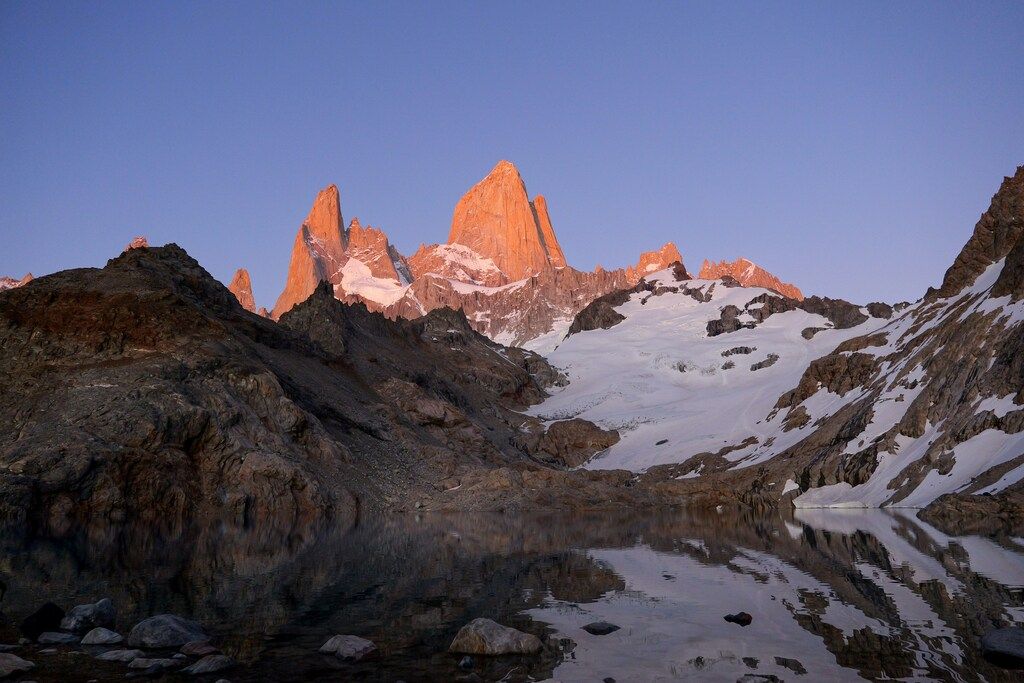 The majestic rocky peaks of Mount Fitz Roy at sunset in Patagonia