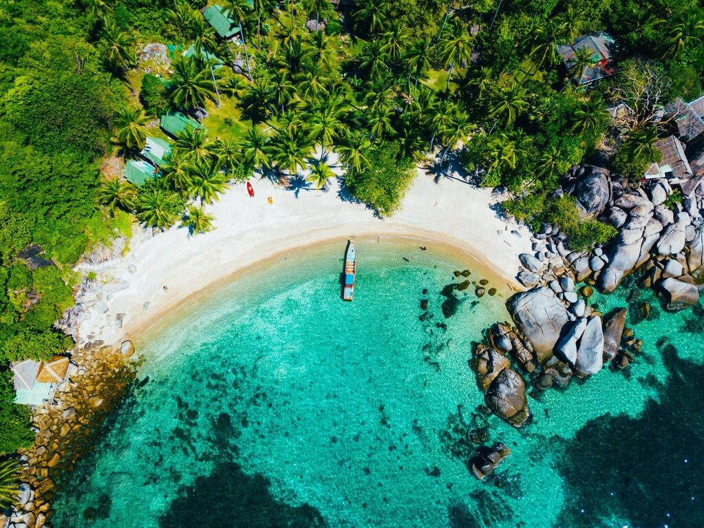 Aerial view of a pristine tropical beach on Koh Phangan, Thailand