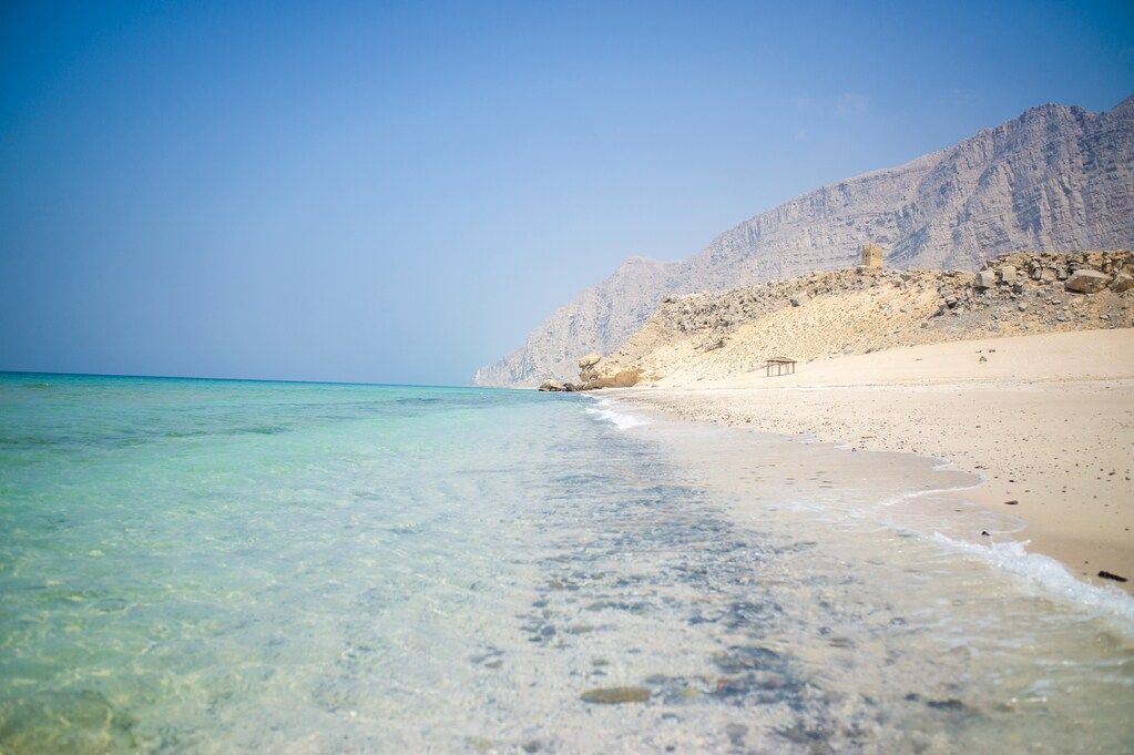 A serene beach in Oman with clear turquoise waters