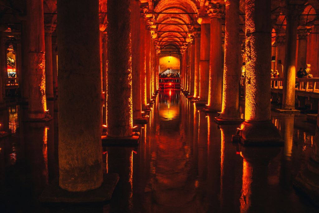 The illuminated columns of the Basilica Cistern in Istanbu