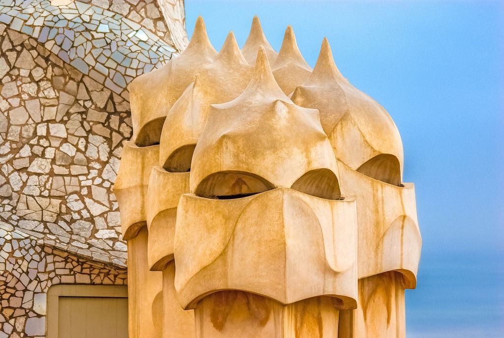 Unique and artistic chimneys on Casa Batlló, designed by Antoni Gaudí.