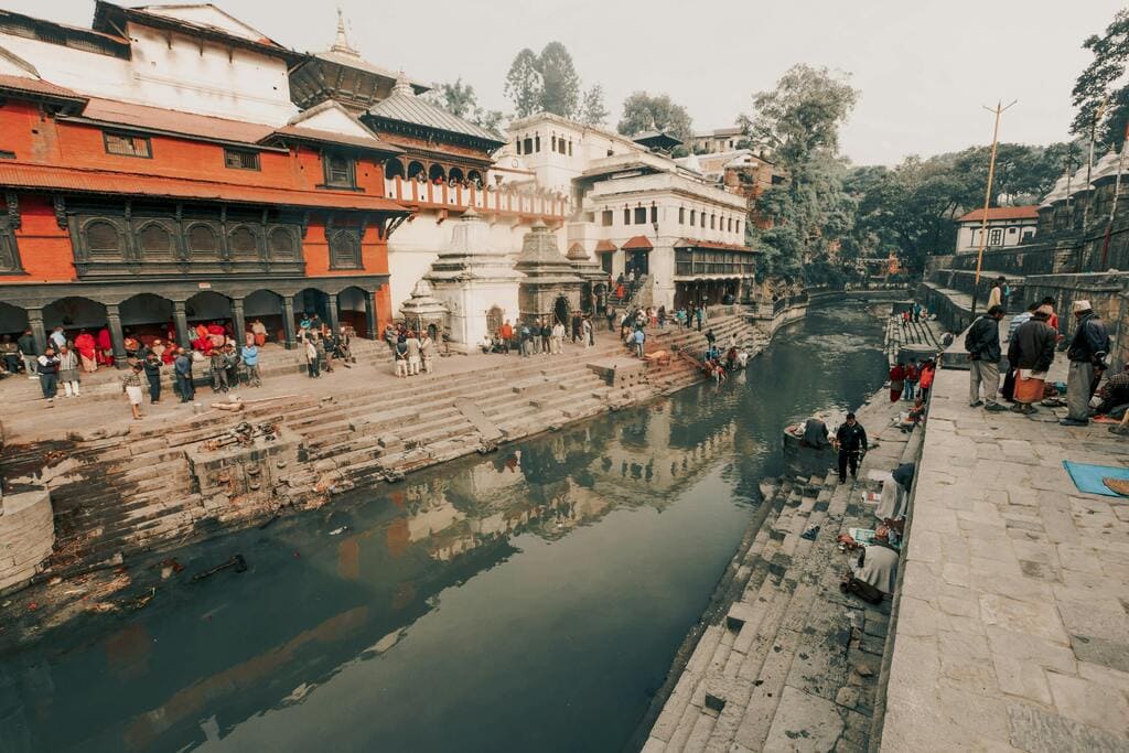 Pashupatinath Temple complex in Kathmandu, Nepal, with its riverside ghats and traditional structures