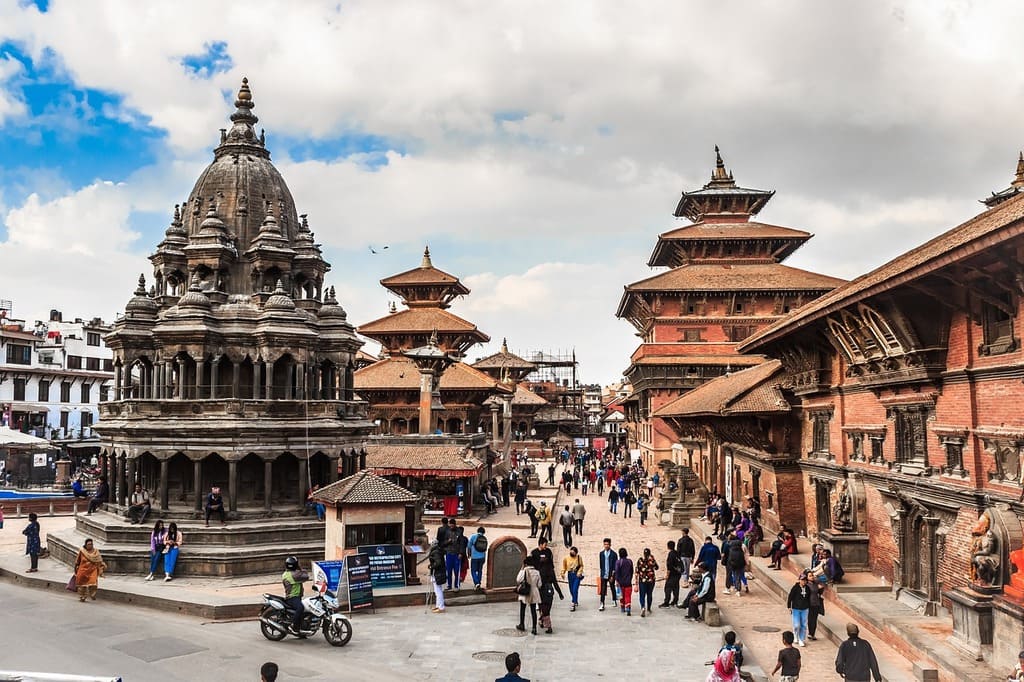 The historic temples and traditional architecture of Patan Durbar Square in Nepal.