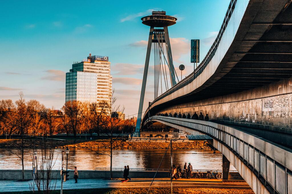 UFO Bridge and observation tower in Bratislava, a unique landmark spanning the Danube River.