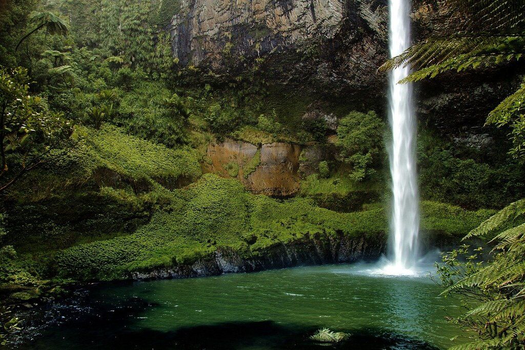 Scenic Bridal Veil Falls cascading into a lush green pool surrounded by dense rainforest.