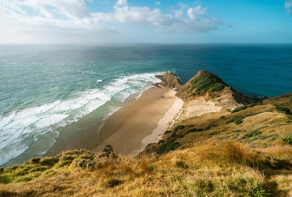 Breathtaking view of Cape Reinga beach with golden sands and turquoise waters, surrounded by cliffs.