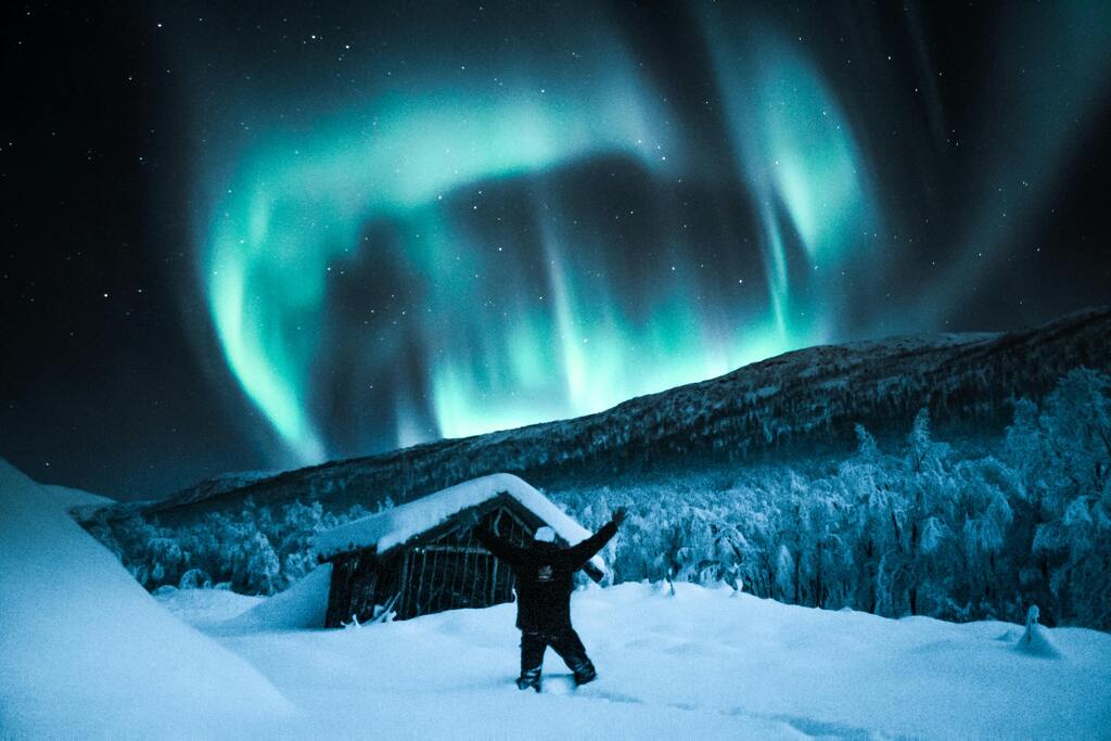 Northern lights illuminating a snow-covered cabin and forest in Norway.