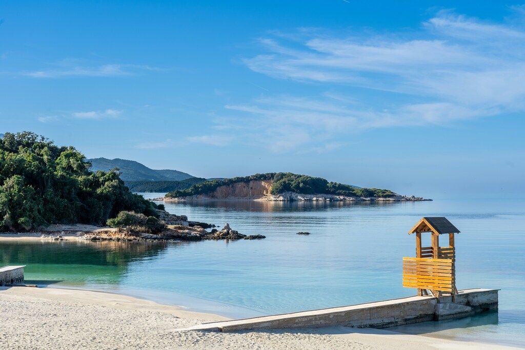 Tropical beach and clear waters of Ksamil in southern Albania
