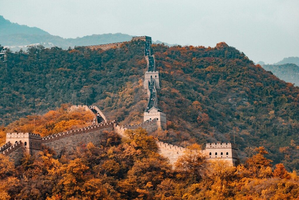 The Great Wall of China winding across colorful autumn hills near Beijing.
