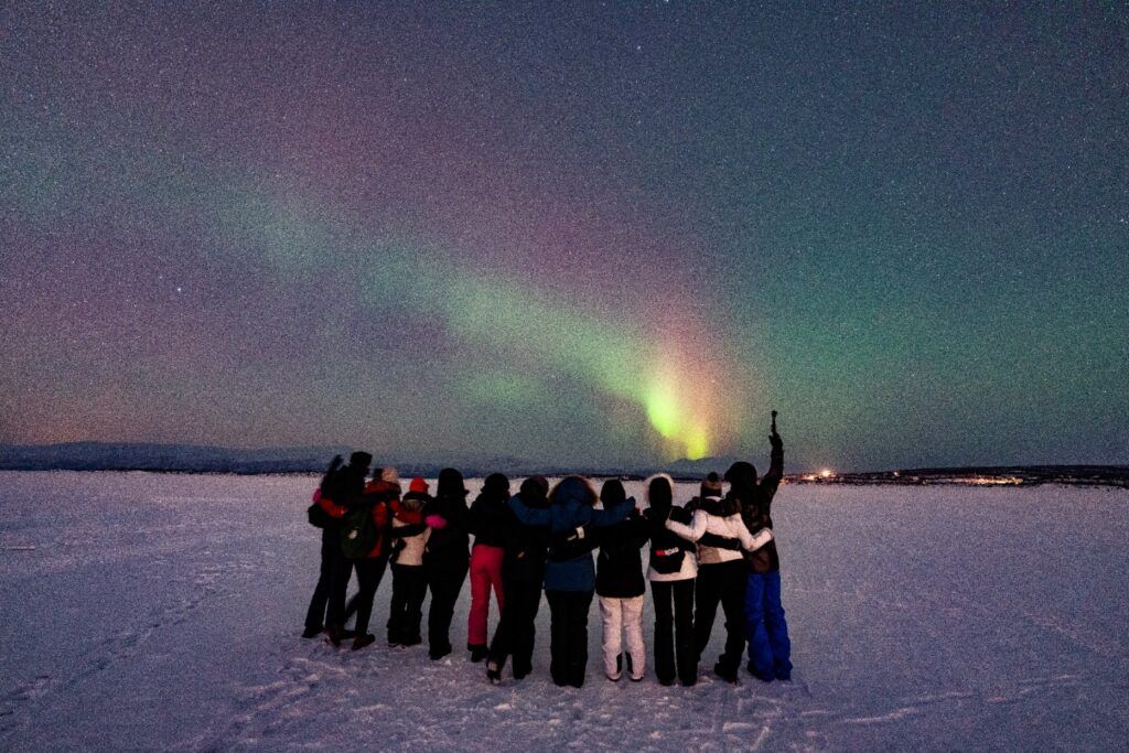 A group of people stands on a snow-covered field at night, watching the Northern Lights.