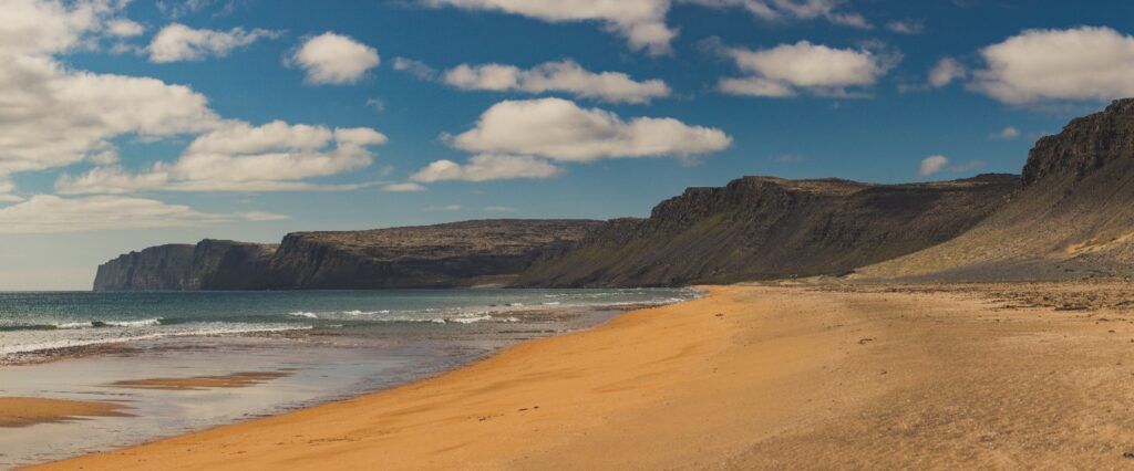 Panoramic view of Rauðasandur red-pink sand beach and dark cliffs.