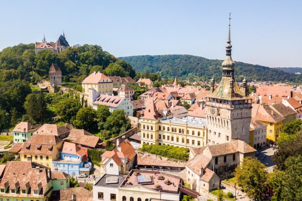 Panoramic view of the historic citadel of Sighișoara with the medieval Clock Tower.